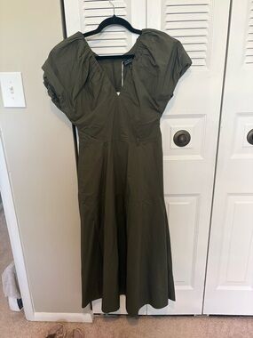 J. Crew Olive Midi Dress with Puff Sleeves